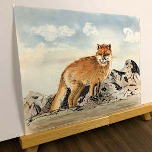 Fox by Lisa Amport  Image: This is the actual painting.  Paper size is 10 x 13 inches and can be easily trimmed and framed or put in a mat and framed. 