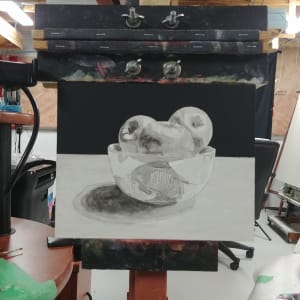 Green Apples and China Bowl #2 by Richard Michael Delaney  Image: First phase in painting showing values added in grayscale. 