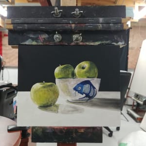 Green Apples and China Bowl by Richard Michael Delaney  Image: Painting in progress showing roughed-in colors, highlights and shadows.