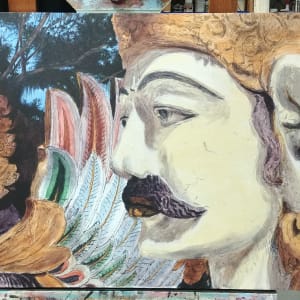 Guardian Statues Full Moon Bali Indonesia by Richard Michael Delaney  Image: The painting in progress showing the roughed-in colors.