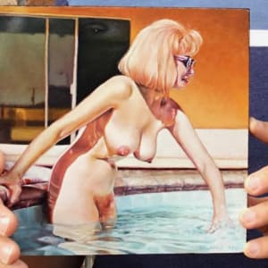 Vintage Blonde Nude with Sunglasses  in Pool by Richard Michael Delaney  Image: Snapshot demonstrating the scale of the painting.