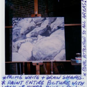 Rocks by Richard Michael Delaney  Image: Polaroid snapshot (with artist's notations) illustrating the early steps in the development of the painting. Step #1.