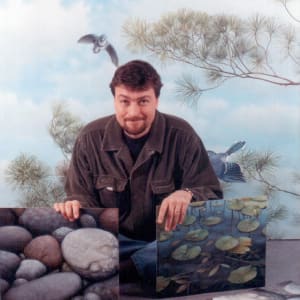 Lily Pads #1 by Richard Michael Delaney  Image: Snapshot of Delaney (circa 1998) with Lily Pads #1 and other paintings, demonstrating scale.