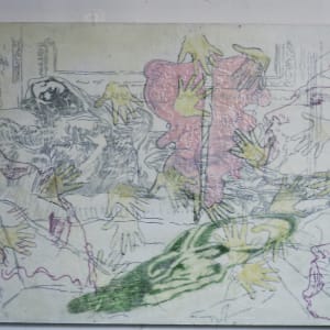 Beata Albertona (1997) by Nicholas Wyatt  Image: Beata Albertona (1997) Mixed media on Panel. 48 x 60 inches (122 x 152 cm)by Nicholas Wyatt (installation view Cubitt, Caledonia Street studio 1998 