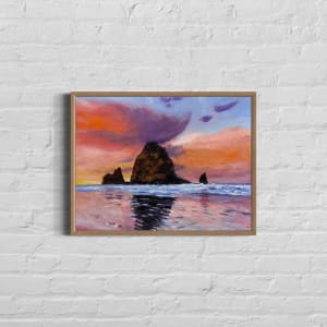 24.006 Haystack Rock Sunset by Anton Mogilevsky  Image: (Painting is unframed, painted on a cradled panel. Frame and background shown as an example). 
