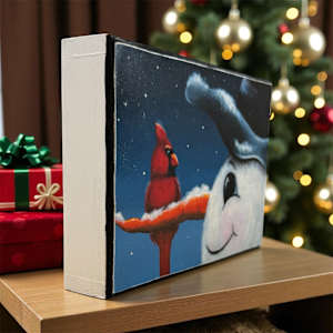 Snowman and Cardinal Art Print on Cradled Wood Panel by Donna Richardson