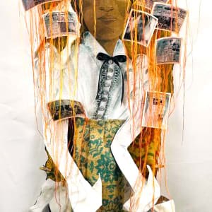 Burn: The Cinders of Greed & Power by Jen Haefeli  Image: Burn: The Cinders Of Greed & Power, 2024
Created by InterArtist Jen Haefeli
Mixed Media Fiberart Sculpture
Fiberart materials include cardboard, remnant fabrics, paper, wood, hemp rope, satin ribbon, Mother
of Pearl buttons, mini clothes pins, acrylic paint, ink, watercolor paint, online sourced vintage
newsprint, thread, and fire.
36 x 18 in (h x w)
www.WildRootCreations.com
