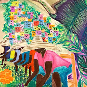Shakju (Every Day) by Jen Haefeli  Image: Title: Shakju
Date: November, 2022
Media: Accordion Book, Watercolor on Watercolor Paper
Dimensions: 9” tall x 13.5” Wide (Bound) 36” 
6” wide x 9” tall panels on each side
8” Deep (includes bow tie closure on front)
Medium: Six-page fiber art and watercolor accordion book created utilizing found & organic objects including coconut beads, stamped metal, and reclaimed linen ribbon, covered in velvet.
Year: 2023
Price: Original Book $2,350/Prints starting at $135 each panel
Inquire for prices on accordion prints