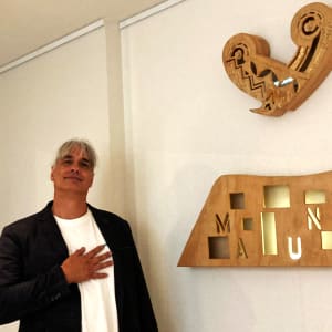 Maunga by Dr  Rangihiroa Panoho  Image: Rangihīroa with Te Ngakau / Maunga installation, 
'He Mauri' exhibition, MODAL April 2024