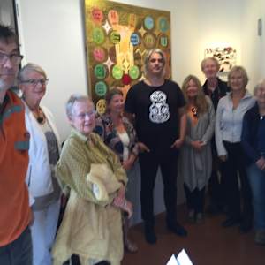 Fiji/Te Whiti by Dr  Rangihiroa Panoho  Image: IOU, the book MAORI ART + the exhibition, Tivoli Art Gallery, Oneroa, Waiheke Island. 19 March – 19 April 2016. Artist's talk with friends of the gallery in front of Fiji\ Whiti 'The Crossover' on back wall.