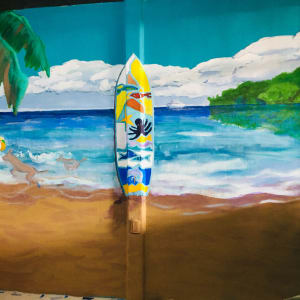 Liam's Mural, Part II (Pacific Ocean and surfboard) by Jeannina Blanco
