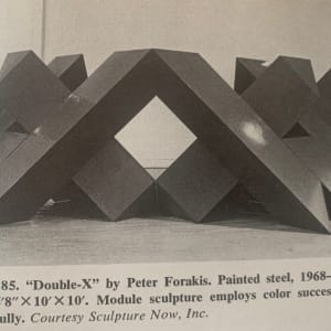 Double X by Peter Forakis (American, 1927-2009)  Image: This photograph shows the correct installation of the piece, angled to create two X shapes with a diamond (negative space) shape in the center.
