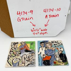 Illustrated Tile - "G Train" White with 3 people  (Title on back) by Rumiko "Rumi"  Tsuda Estate, Image 3.