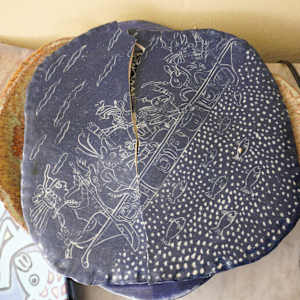 Decorative Platter - Latin American Gods in Boat (Dark Blue) by Rumiko "Rumi"  Tsuda Estate, Image 1.