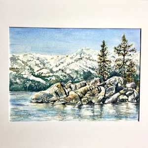 Lake Tahoe in the Early Spring by Cheryl Ann Boc-Chidester  Image: painting with a mat (It is framed with a silver-blue metal molding.)