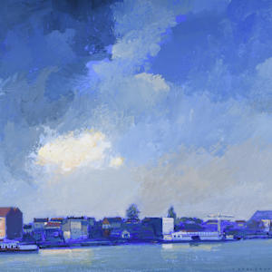 Gouache, 1996 (Dordrecht Grote Kerk Blauw, River View) by Peter Jooren