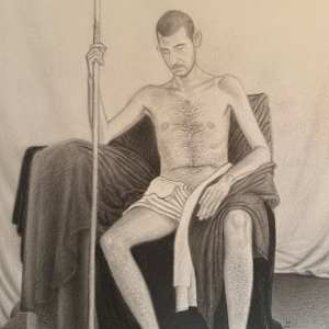 Untitled (Figure Drawing, Nude Male Model Seated, Holding a Staff in his Right Hand) by Spence Guerin, Image 1.