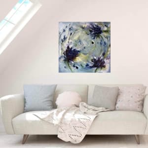 “Painted Whispers’ by Catherine Grace  Image: Transforming blank spaces into serene oasis. ‘Painted Whispers’ finds its place amidst tranquility and grace. #artistryInInteriors #GalleryAtHome #SerenityInArt