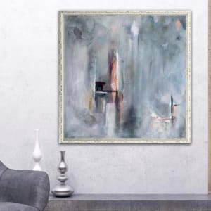 ‘Of Frost and Light’ by Catherine Grace  Image: Introducing ‘Of Frost and Fire,’ an abstract panorama where the cool whispers of frost mingle with the fervent whispers of flame. This piece plays with a spectrum of emotion, from the smoky blues and tranquil grays of a winter morning to the passionate crimsons and warm golds of a fireside reverie. The artwork is alive with movement, guiding the eye through a dreamlike dance of light and shadow, marked by lines that cascade like delicate icicles melting into a gentle inferno. It is an invitation to contemplate the beautiful coexistence of opposites, a serene yet dynamic piece perfect for the collector seeking a canvas that echoes the complexities and dualities of life.