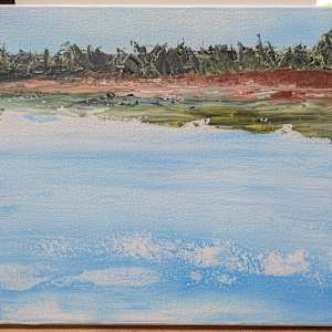 Speed painting practice (bulk listing) by Rebeka Darylin  Image: Stillness in the Harbour (Murray Islands from Machon Point) - 12 x 16 stretched canvas (Apollon Gotrick)