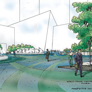 Proposal: World Trade Center Memorial Design by Kent Mikalsen  Image: Perspective: The Fountain at street level