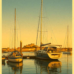 Guernsey Harbour Vintage digital illustration by michelle, Image 1.