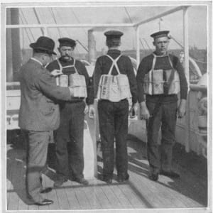 S.S. New York Lifebelt  Image: Lifebelt inspection, c. 1912, taking place onboard S.S. New York.