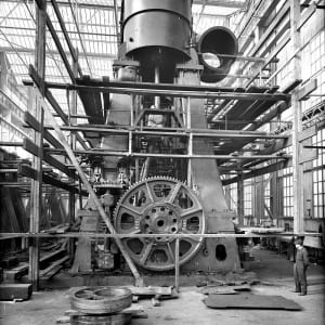 Titanic Engine Shed Vibration Block  Image: One of Titanic's reciprocating engines ready for testing.  Note the individual blocks lining the floor of the testing shed.