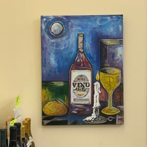 Vino Tinto Still Life by CORCORAN  Image: Photo of painting hanging on the wall at PJ's Wine & Spirits, 2011