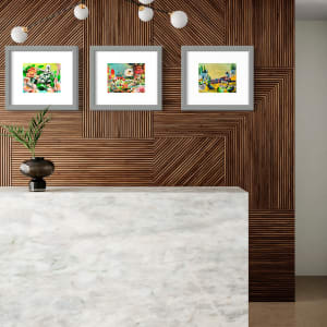 Feeling Dangerous by Cristina Sayers  Image: Framed example hung besides complimentary pieces, Dream It and Which way, listed and available separately.