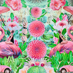 Flamingo Sun Taco’s by Cristina Sayers  Image: 40”x30” Analog Collage  white wood floating frame included