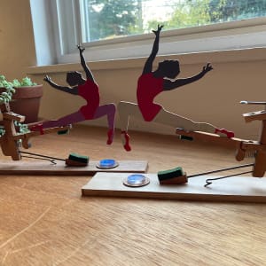 Ballet Dancer Assemblage by Mark Johnston  Image: Pas de deux. Two assemblages. Ballet Dancer walnut and maple base with Piano Damper Mechanism