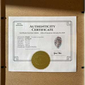 Mask - Purple-turquoise 25004 by Gerhard Petzl  Image: Authenticity Certificate for: "Mask - Purple-turquoise" by Gerhard Petzl