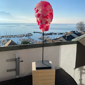 Mask - Iced fluffy, balls 25005 by Gerhard Petzl  Image: Outdoor view lake Geneva - Iced,  fluffy balls mask - pink (2025)