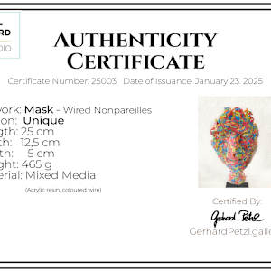 Mask - Wired Nonpareilles 25003 by Gerhard Petzl  Image: Authenticity Certificate, Mask - Wired Nonpareilles 25003 on stand