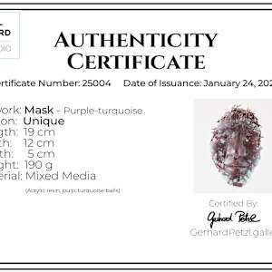 Mask - Purple-turquoise 25004 by Gerhard Petzl  Image: Authenticity Certificate for: "Mask - Purple-turquoise" by Gerhard Petzl