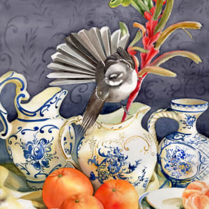 Grey Fantail with Kangaroo Paws and Mandarins by Polla Posavec