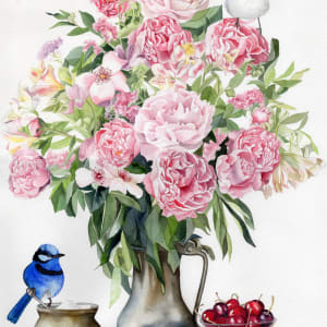 Splendid Wrens with Vase of Peonies by Polla Posavec