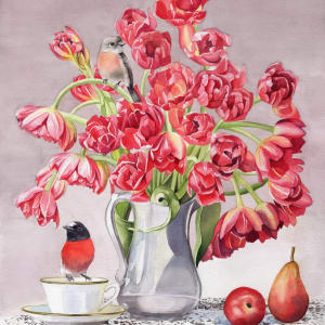 Scarlet Robin and Jug of Tulips by Polla Posavec
