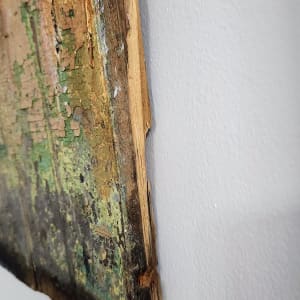 Face The Sunshine & See No Shadows by Sara Leger  Image: 100 Year Old Board from a Home built in 1920's.  A detail of the original green paint.