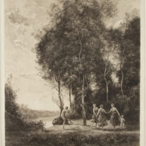 Paysage (Bacchus and Three Nymphs in a Forest Clearing) by Alfred Brunet-Debaines  Image: Alfred Brunet-Debaines -After Jean-Baptiste-Camille Corot, Paysage (Bacchus and Three Nymphs in a Forest Clearing), 1880