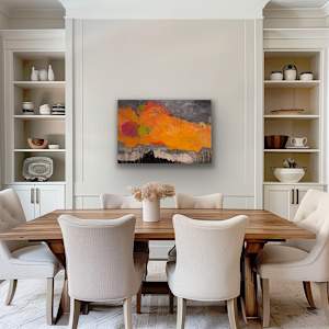 Raspberry Dawn by Chris Pero  Image: Vibrant swirls of orange, red, and pink stretch across a dark, moody background, evoking a sense of contrast and movement. Abstract forms suggest a dynamic interplay between light and shadow, reminiscent of a dramatic skyline.

Add a bold statement to your space with this vibrant abstract painting. The fiery hues of orange and pink contrast beautifully against the moody gray, bringing warmth and energy to any room. Perfect for modern dining or living areas.