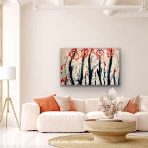 Foreign Forest by Chris Pero  Image: Foreign Forest is an abstract painting featuring tall, green quick vertical brushstrokes resembling stems reaching upward, with vibrant orange circular forms atop, reminiscent of poppies. The background is textured in neutral tones, creating a dynamic contrast with the bold colors. The composition exudes a sense of movement and energy, emphasizing the interplay between the organic forms and the expressive brushwork.