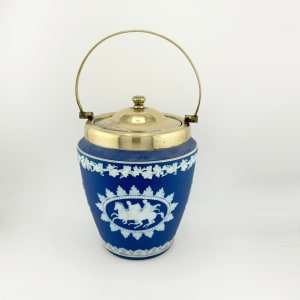 Antique WEDGWOOD Jasperware Blue and White 3 pc Set (Biscuit Jar, Match Box, Heart Box) 