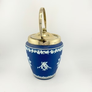 Antique WEDGWOOD Jasperware Blue and White 3 pc Set (Biscuit Jar, Match Box, Heart Box) 