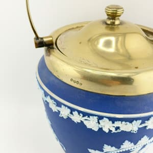 Antique WEDGWOOD Jasperware Blue and White 3 pc Set (Biscuit Jar, Match Box, Heart Box) 