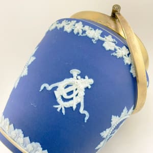 Antique WEDGWOOD Jasperware Blue and White 3 pc Set (Biscuit Jar, Match Box, Heart Box) 