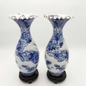 Large Chinese Blue & White Relief Dragon Qing Vases w/ Ruffled Rim 