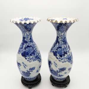 Large Chinese Blue & White Relief Dragon Qing Vases w/ Ruffled Rim 
