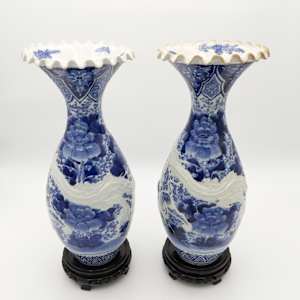 Large Chinese Blue & White Relief Dragon Qing Vases w/ Ruffled Rim 